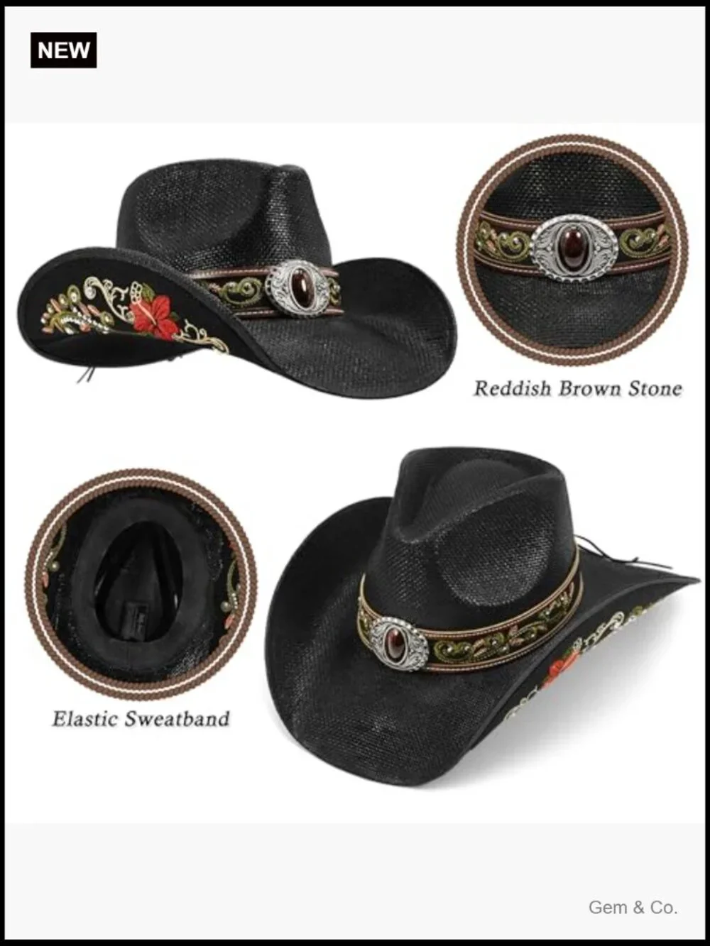 Embroidered Straw Cowboy Hat with Floral Design